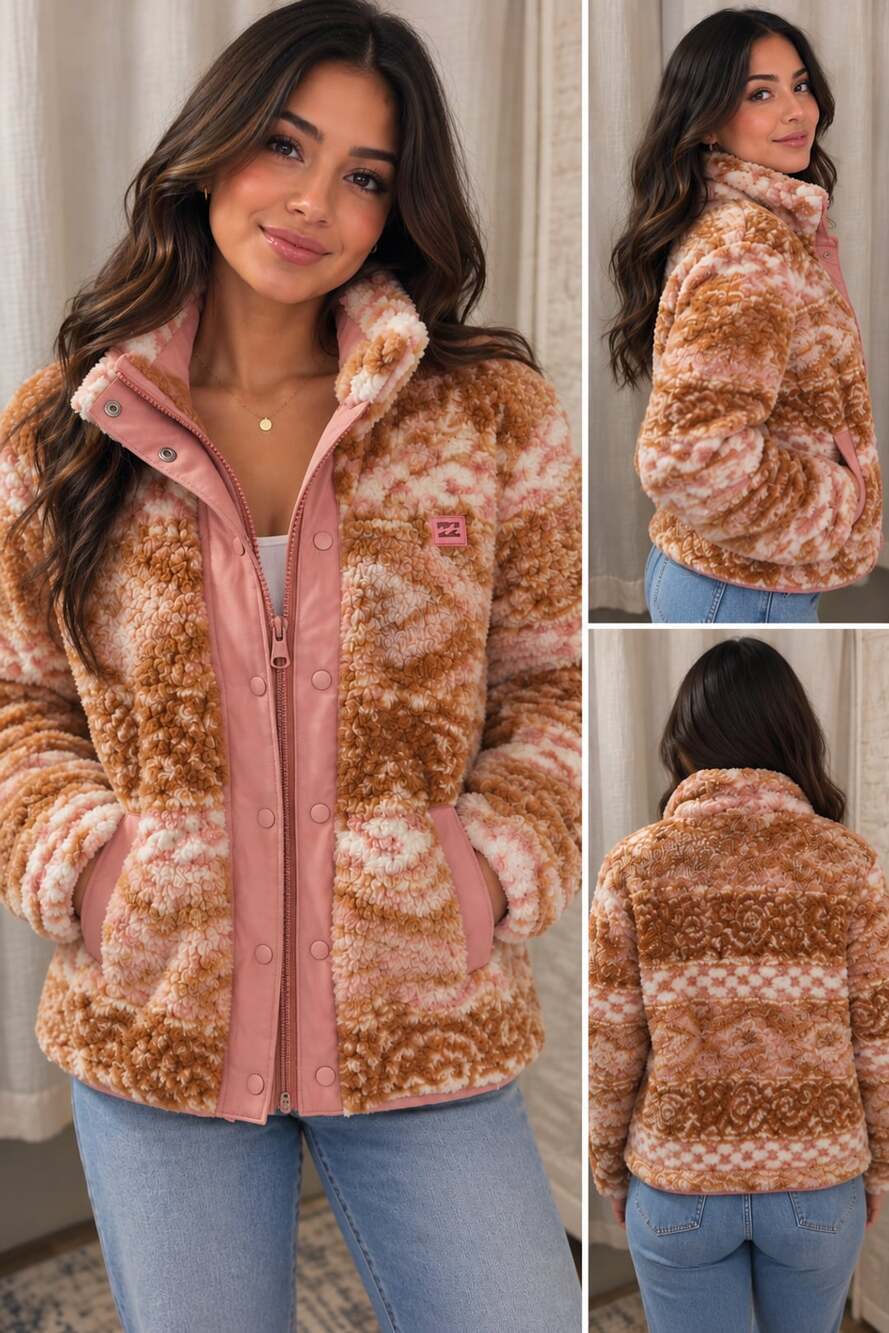 Billabong Cozy Days Rose Pink Orange Cozy Fleece Sherpa Jacket
